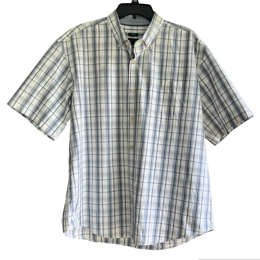 PRONTO UOMO Mens XL Classic Fit Short Sleeve Button Down Shirt Blue Plaid Casual